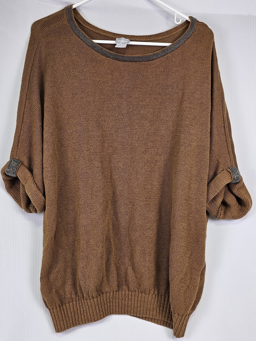 Chico's Brown Knit Scoop Neck Sweater with Gray Trim